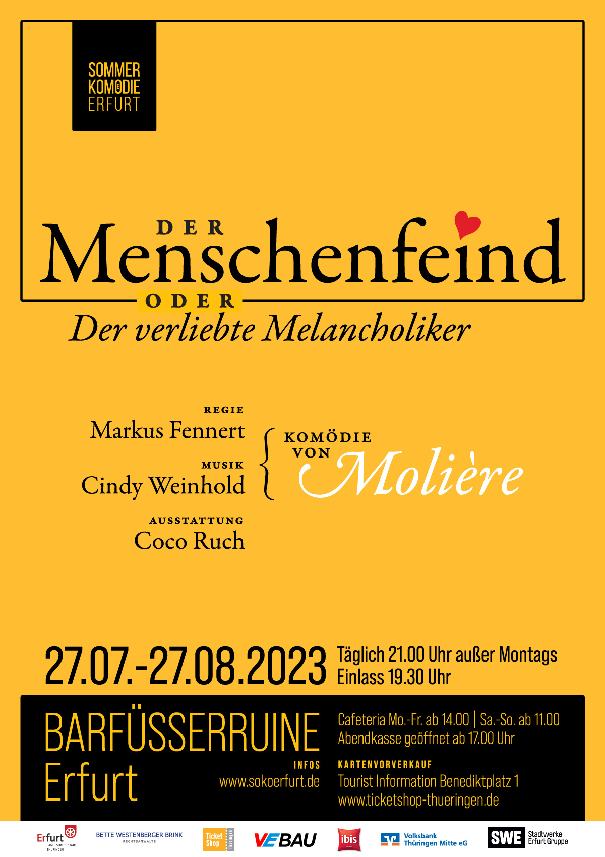 Plakat: Der Menschenfeind oder: Der verliebte Melancholiker. Vom 27.07. bis 27.08. 2023 in der Barfüsserruine Erfurt